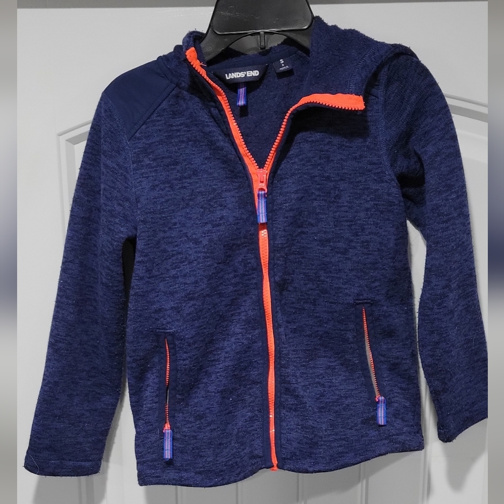 Lands' End kids' fleece full-zip jacket in navy blue with a bright orange zipper